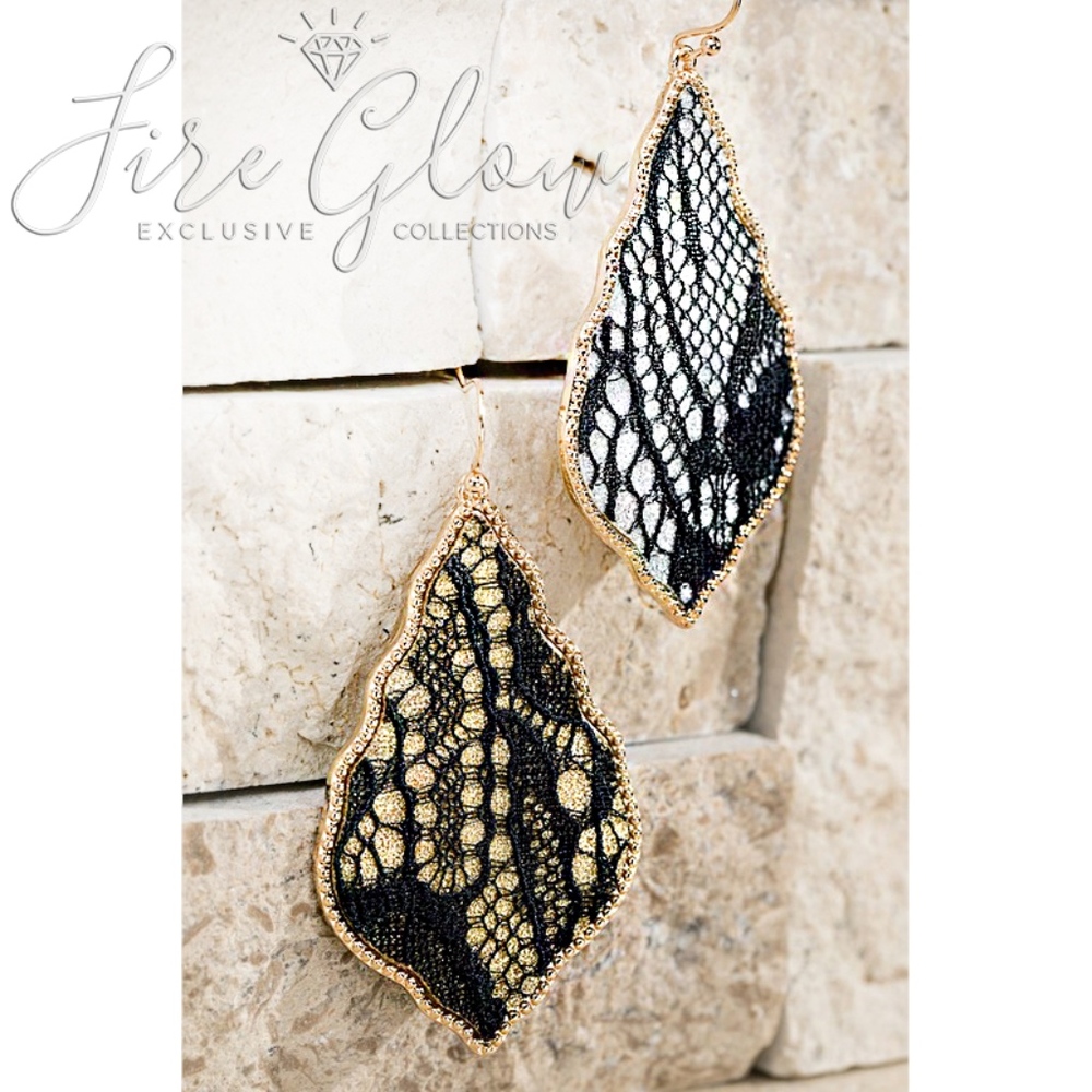 Lace and Glitter Accent Marquis Shape Earrings